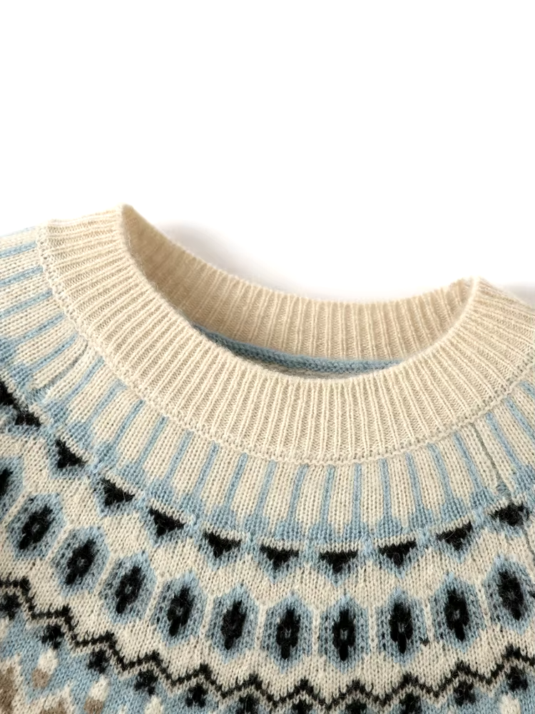 100% Cashmere Wool Fair Isle Jacquard Knit Mock Neck Sweater, Pullover, Knitwear (213)