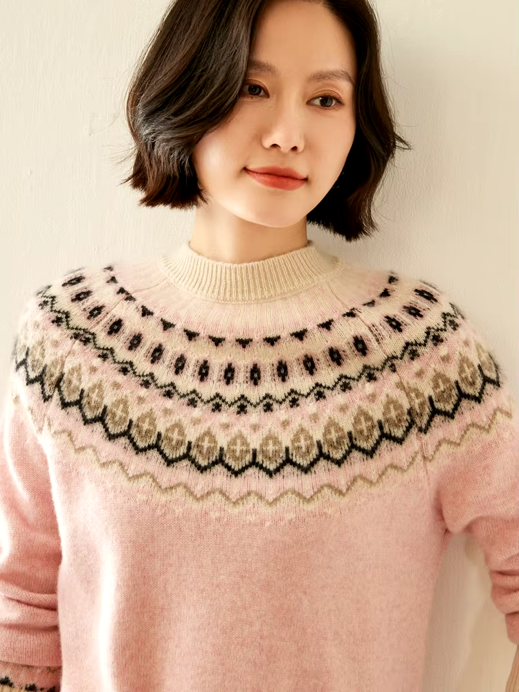 100% Cashmere Wool Fair Isle Jacquard Knit Mock Neck Sweater, Pullover, Knitwear (213)
