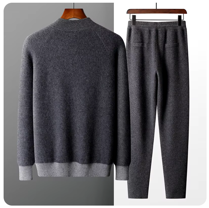 100% Goat Cashmere Two-piece Suit for Men, Stand Neck Cardigan and Slim-fit Trousers Set, Colour Contrast Suit, Knitwear (599f)