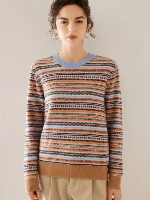 100% Cashmere Wool Women's Jacquard Knit Sweater, Fair Isle Pattern, Round Neck Vintage Style Top, Knitwear (202a)