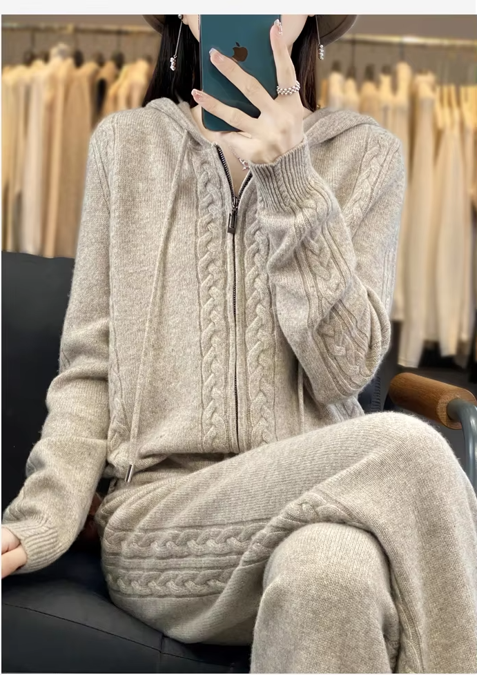 100% Cashmere Wool Suit For Women, Hoodie Cardigan with a Zipper and Wide-Leg Pants, Cable Knit, Knitwear (22c)