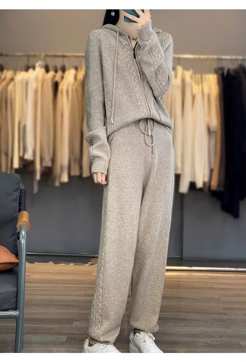 100% Cashmere Wool Suit For Women, Hoodie Cardigan with a Zipper and Wide-Leg Pants, Cable Knit, Knitwear (22c)