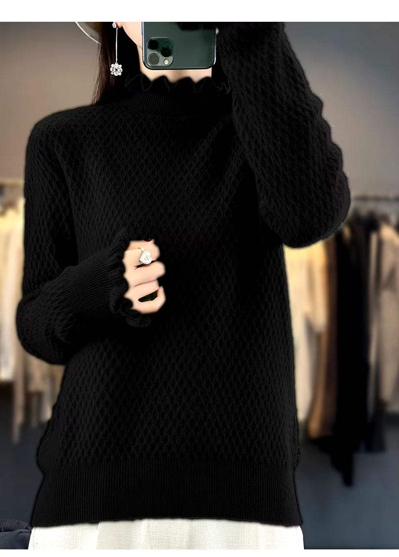 100% Wool Women's Jumper with Ruffle Edge Neck, Long Sleeved Pullover, Top, Knitwear (304)