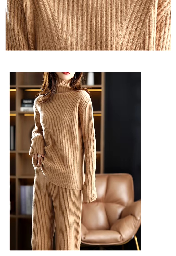 100% Wool Rib Knit Turtleneck Sweater and Wide Leg Pants Women's Set (61)