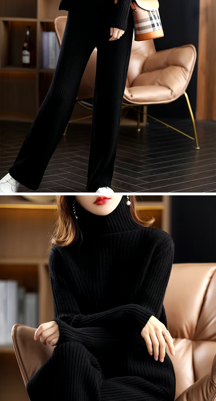 100% Wool Rib Knit Turtleneck Sweater and Wide Leg Pants Women's Set (61)
