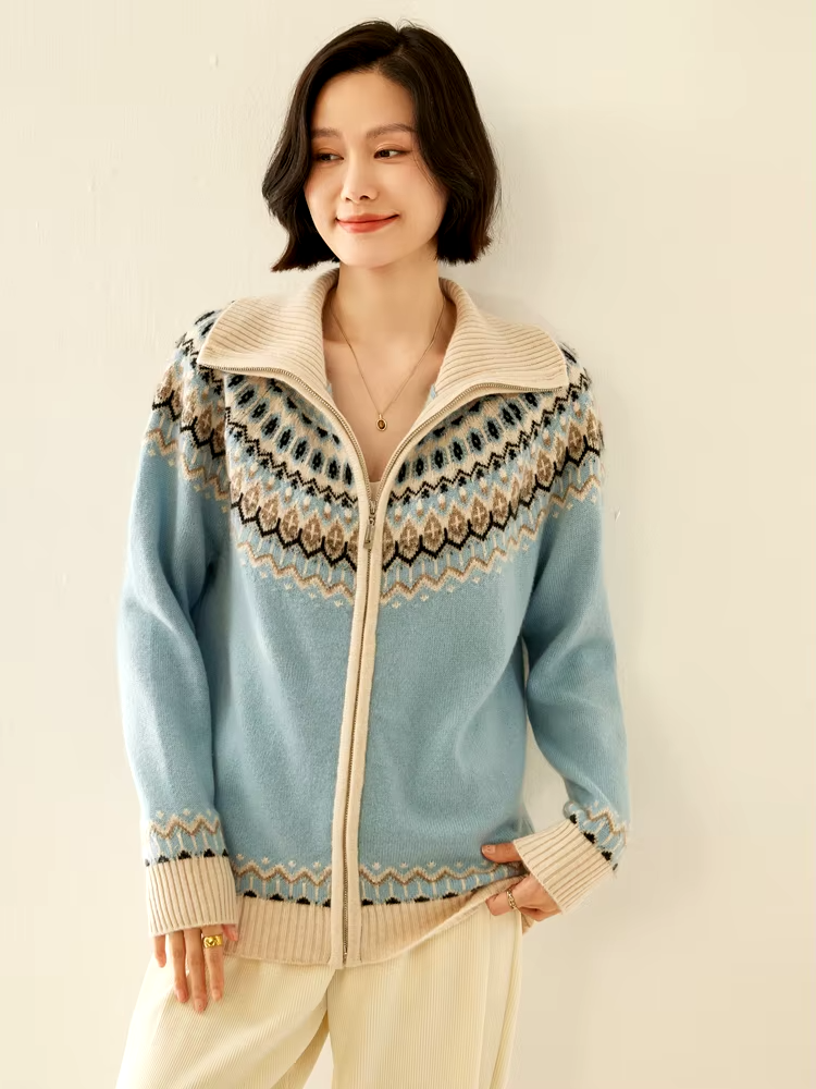 100% Cashmere Wool Women's Cardigan, Fair Isle Knit, High Neck and Zipper, Vintage Style, Knitwear (231a)