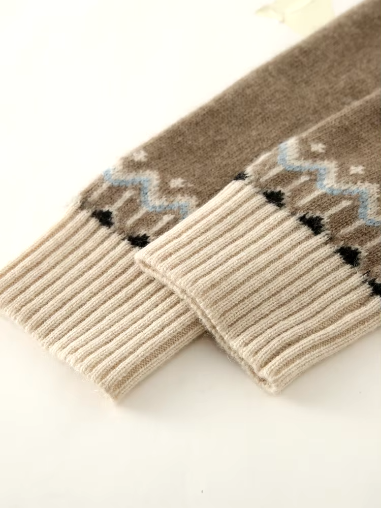 100% Cashmere Wool Women's Cardigan, Fair Isle Knit, High Neck and Zipper, Vintage Style, Knitwear (231a)