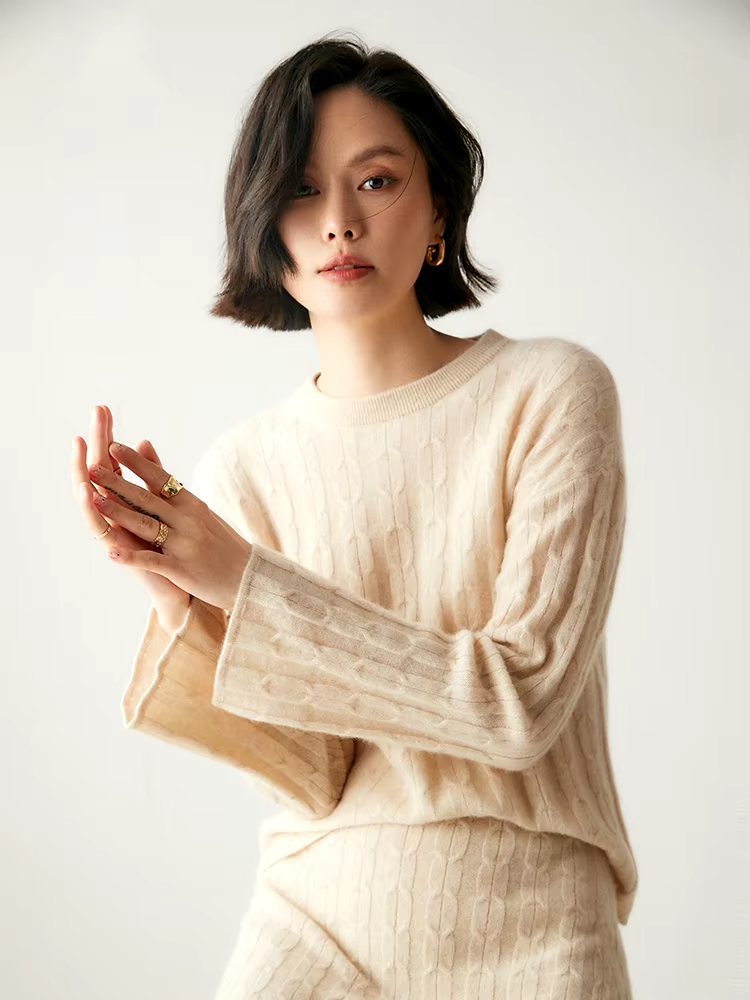 100% Cashmere Wool Cable Knit Women's Top and Skirt Suit, Two Pieces Set, Knitwear (73)
