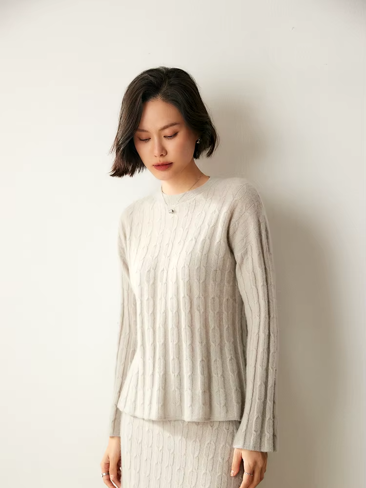 100% Cashmere Wool Cable Knit Women's Top and Skirt Suit, Two Pieces Set, Knitwear (73)
