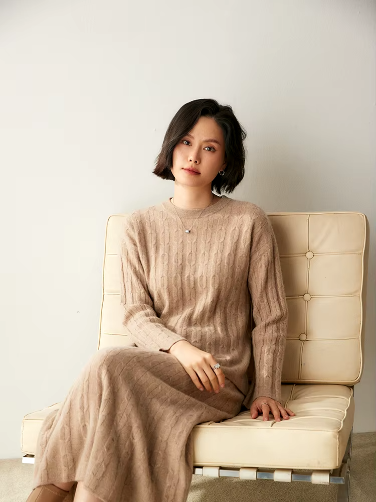 100% Cashmere Wool Cable Knit Women's Top and Skirt Suit, Two Pieces Set, Knitwear (73)