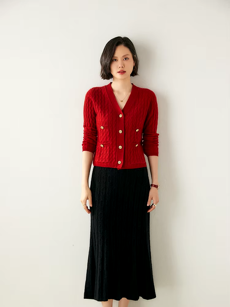 100% Cashmere Wool Cable Knit Women's Top and Skirt Suit, Two Pieces Set, Knitwear (73)