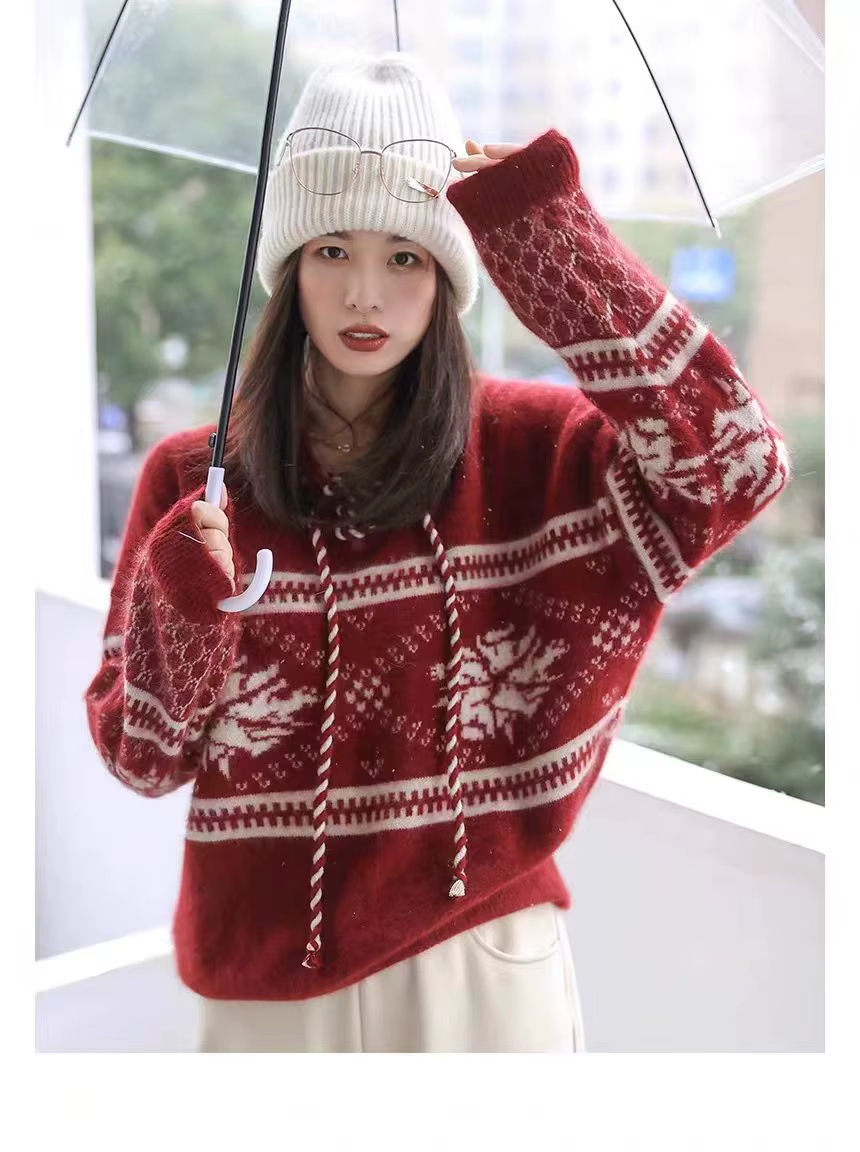 100% Wool Women's Hooded Sweater, Christmas Jacquard Knit Pullover, Knitwear (4)