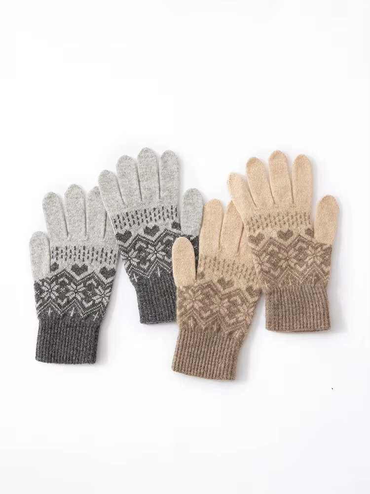 100% Cashmere Wool Women's Knitted Gloves, Christmas Pattern Snowflakes Jacquard Knit, Knitwear (5)