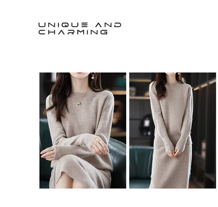 96% Wool Waffle Knit Top and Skirt Women's Suit, Two-Piece Set, Knitwear (73a)