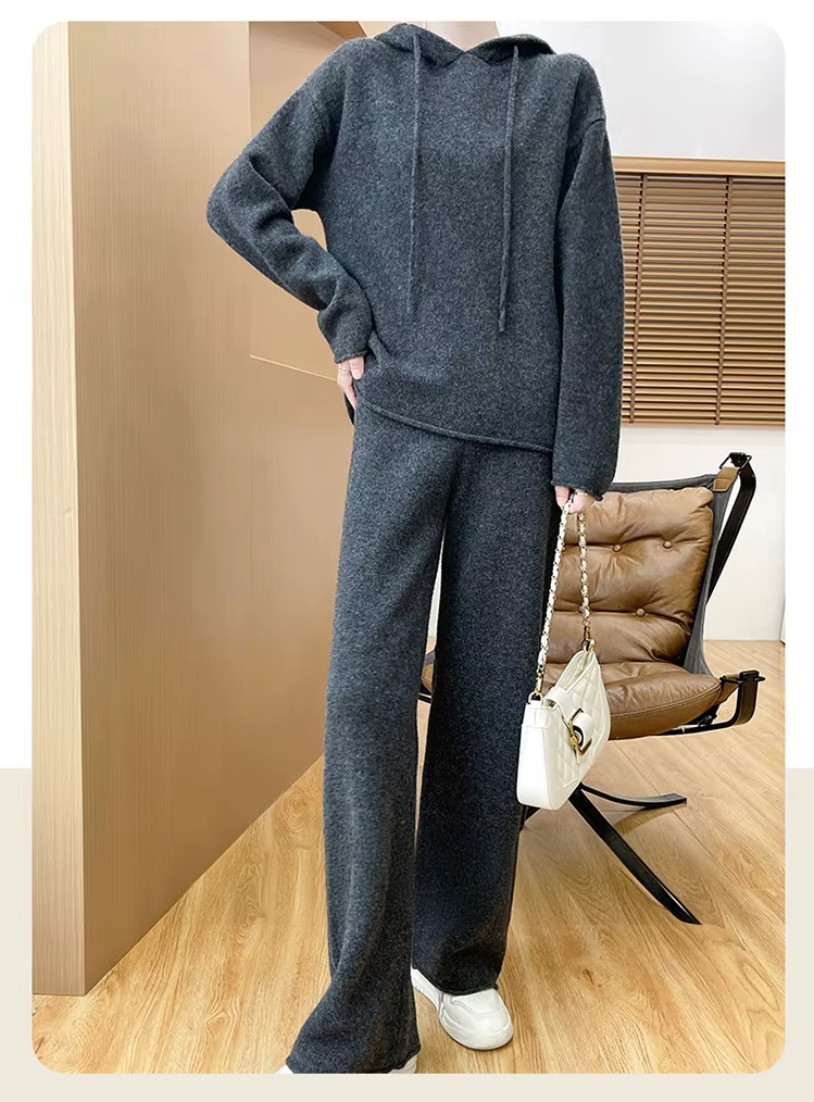 100% Wool Suit For Women, Two Piece Set, Hooded Top and Wide-Leg Trousers Suit, Knitwear (22cc)