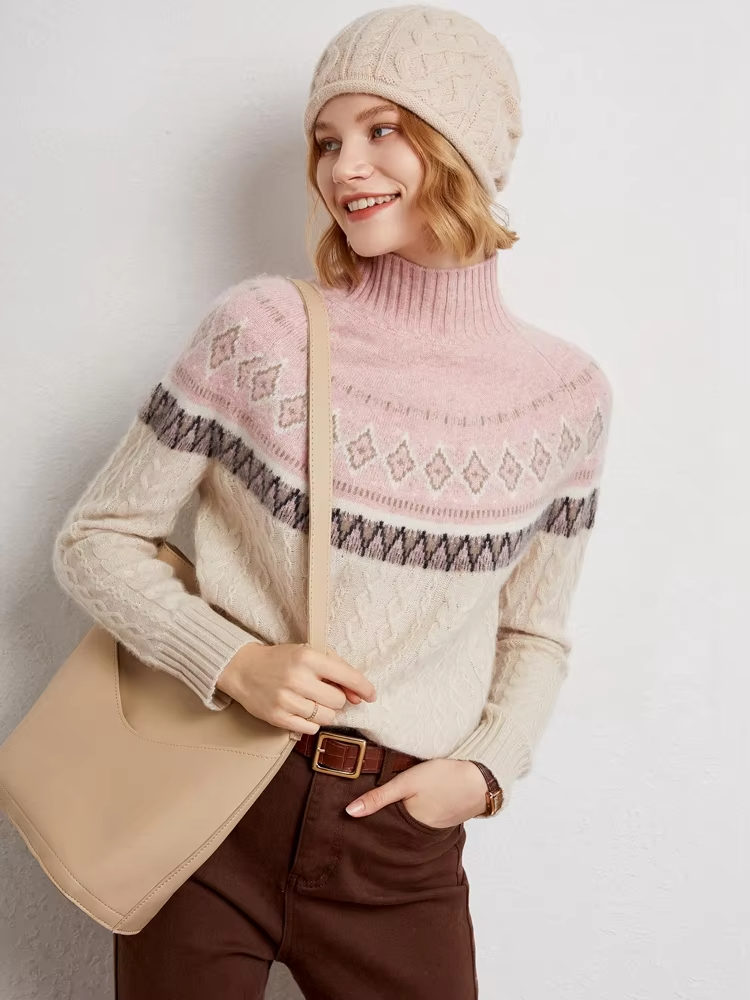 100% Cashmere Wool Women's Fair Isle Knit Sweater, Vintage Style, Mock Neck Pullover, Knitwear (231b)
