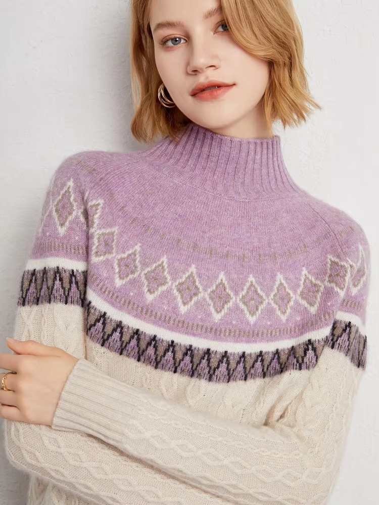 100% Cashmere Wool Women's Fair Isle Knit Sweater, Vintage Style, Mock Neck Pullover, Knitwear (231b)
