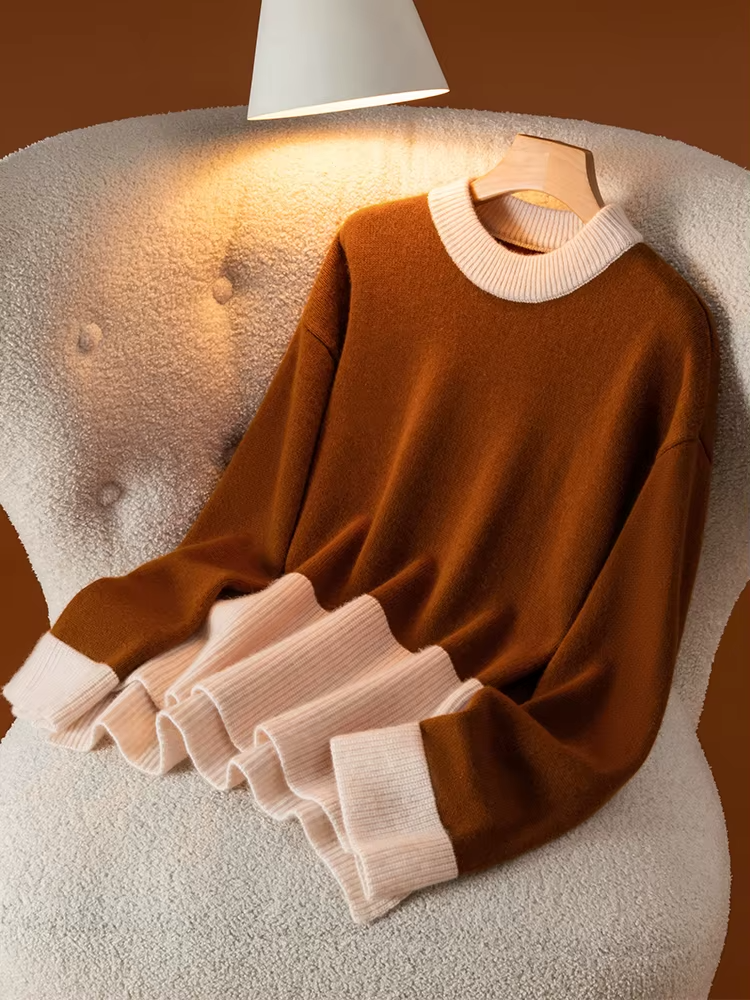 100% Merino Wool Women's Round Neck Sweater and Skirt Set, Knitwear (73b)