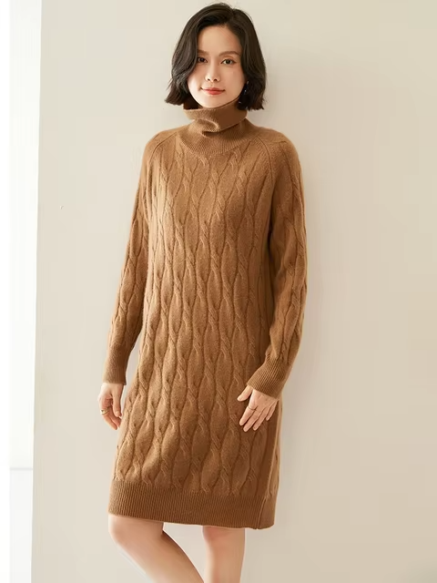 100% Cashmere Wool Cable Knit Women's High Neck Dress, Knitwear (278f)