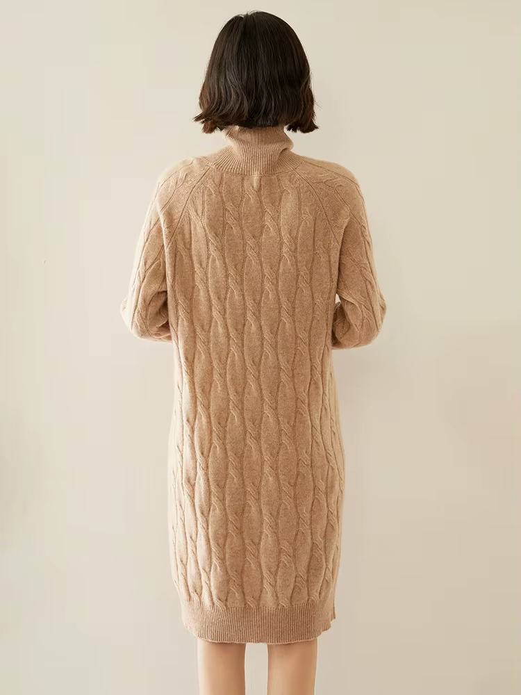 100% Cashmere Wool Cable Knit Women's High Neck Dress, Knitwear (278f)