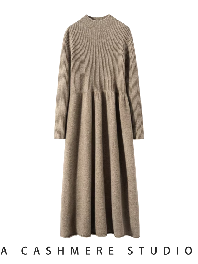 100% Wool Women's Rib Knit Half High Neck Dress, Knitwear (278a)