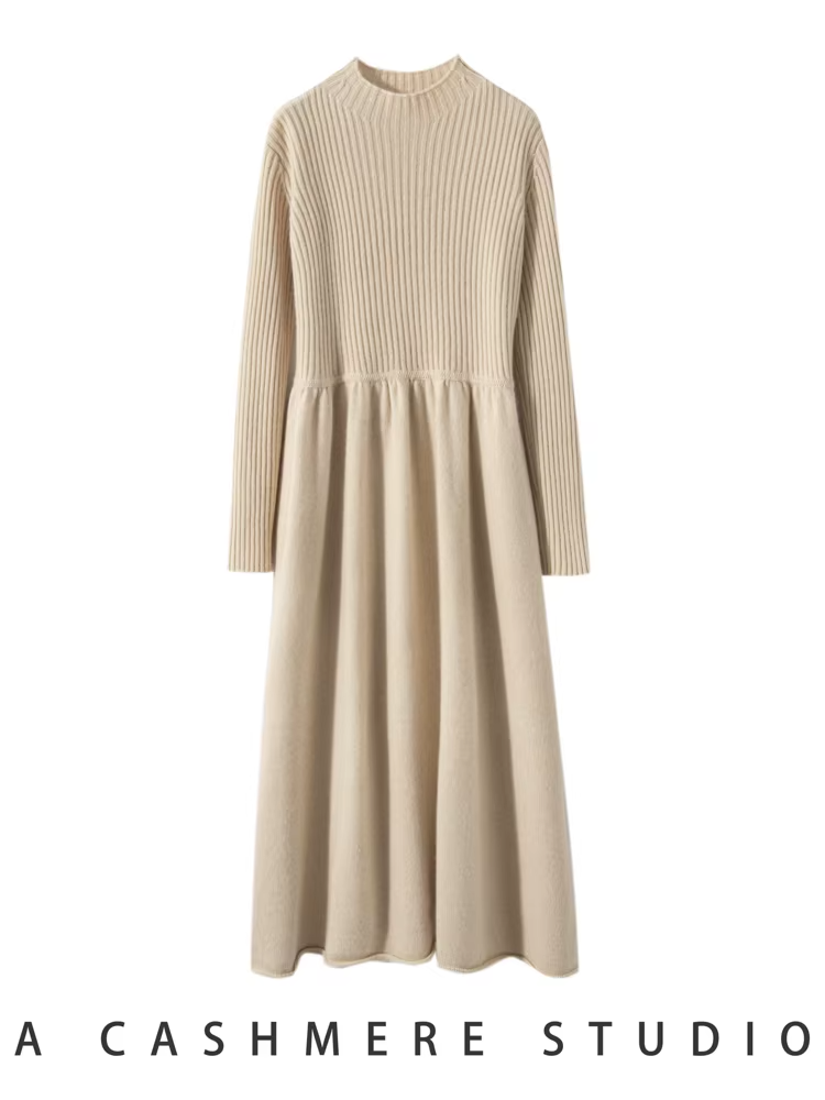 100% Wool Women's Rib Knit Half High Neck Dress, Knitwear (278a)