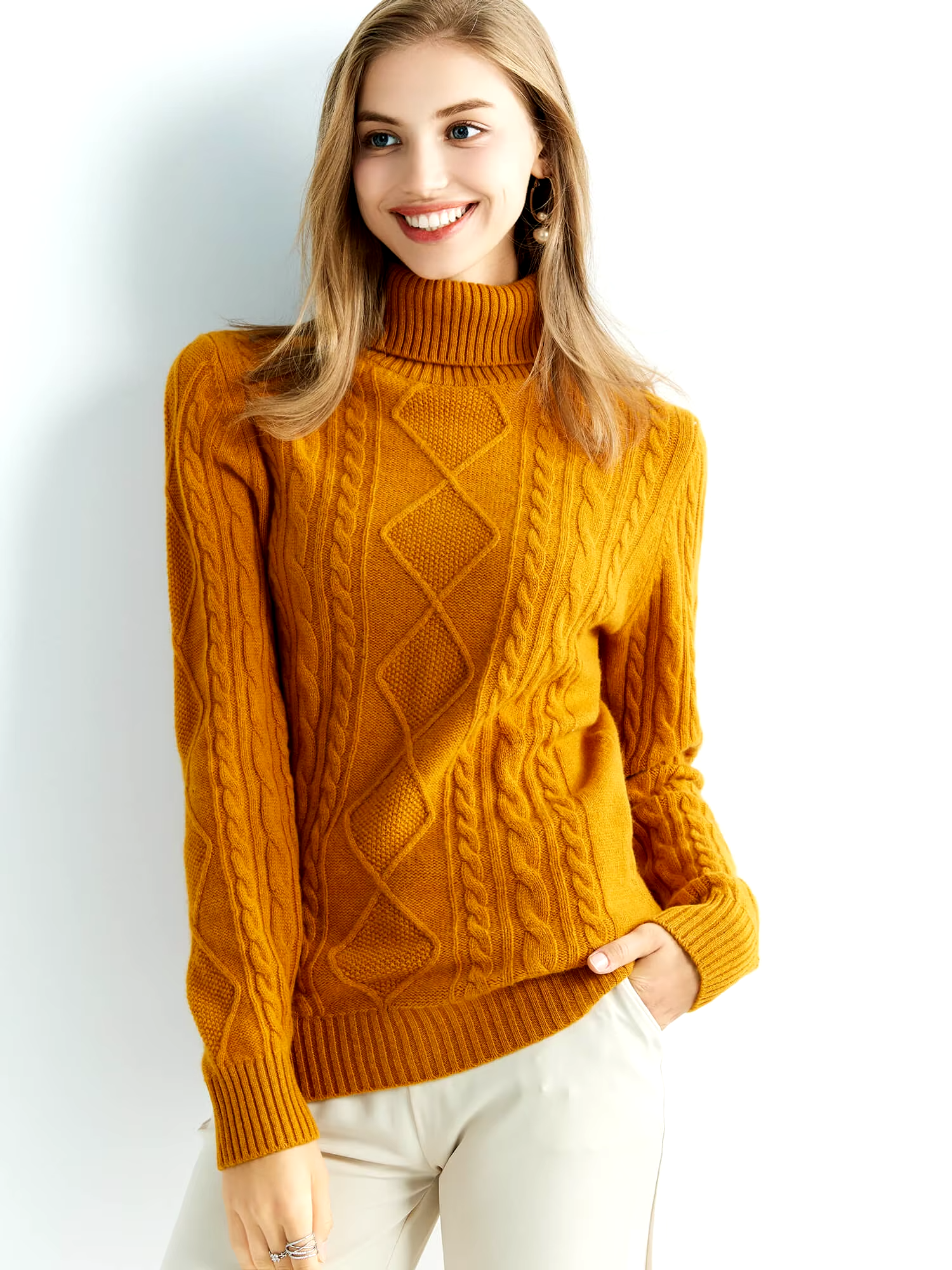 100% Merino Wool Knitted Top for Women, Turtleneck Sweater, Knitwear (68b)