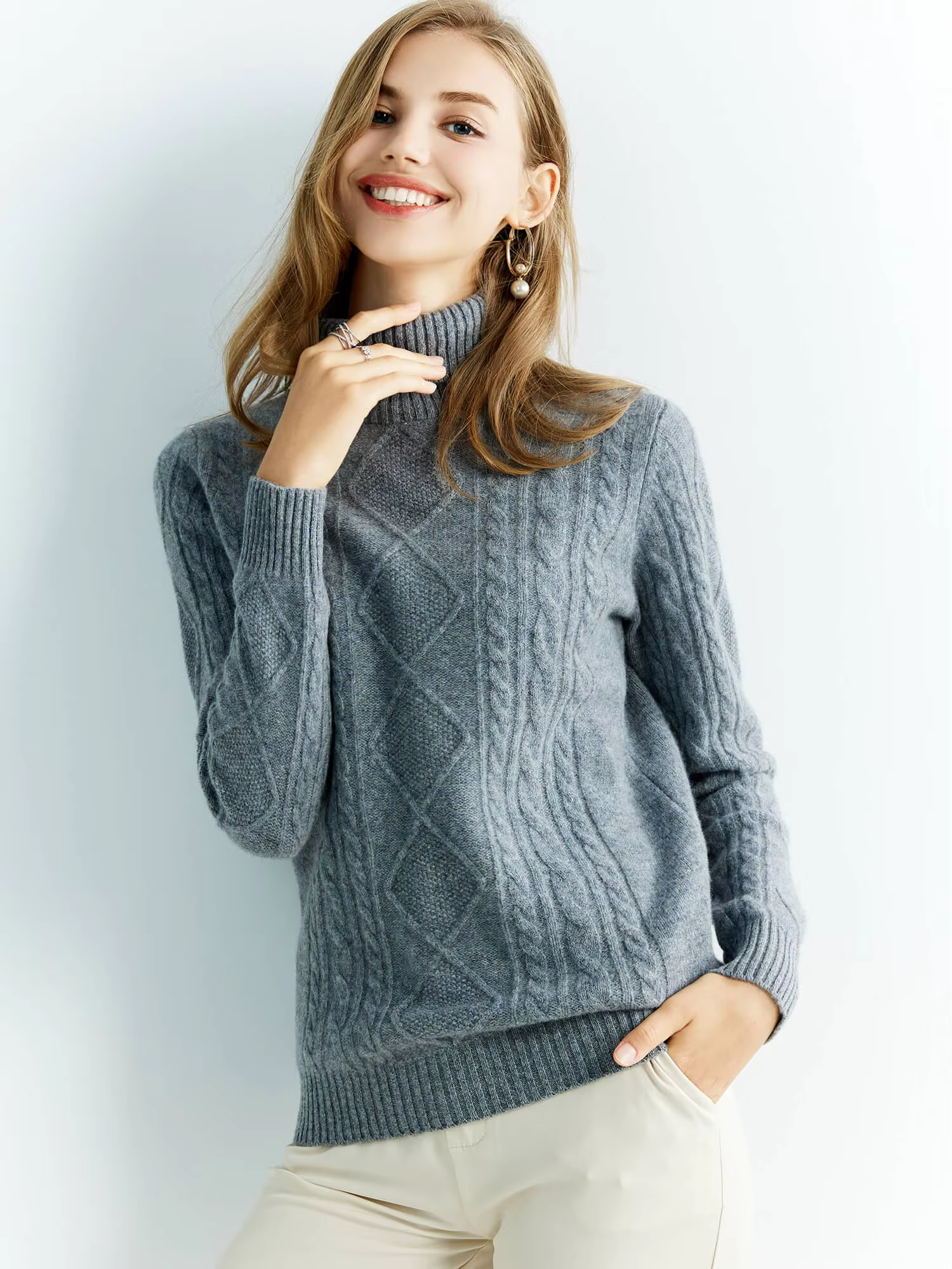 100% Merino Wool Knitted Top for Women, Turtleneck Sweater, Knitwear (68b)