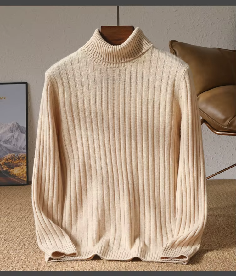 100% Wool Men's Turtleneck Top, Rib Knit Sweater, Long Sleeved Pullover, Knitwear (70)