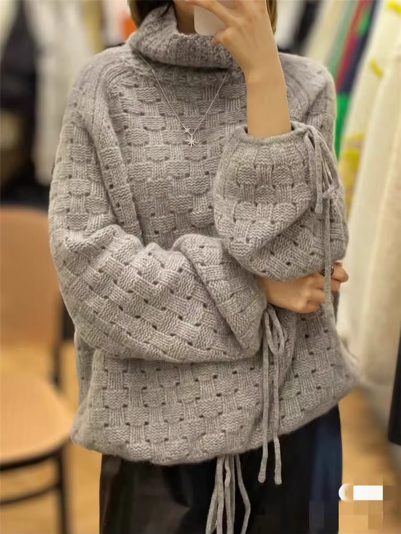 95% Wool Women's Turtleneck Sweater, Lace Knit Pullover, Lantern Sleeve with Drawstring, Knitwear (200)