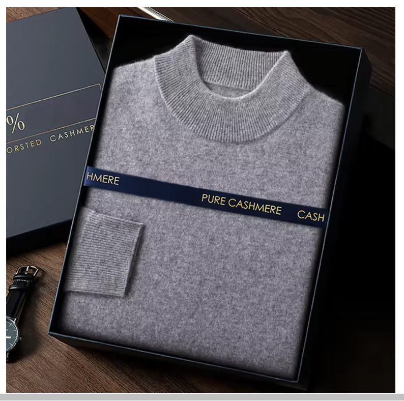 100% Goat Cashmere Wool Men's Mock Neck Top, Basic Full Sleeve Pullover, Knitwear (32)