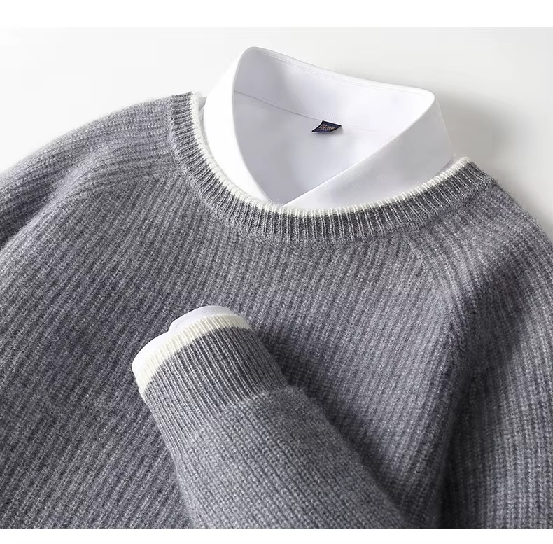 100% Wool Men's Rib Knit Sweater, Round Neck Pullover, Casual Jumper, Knitwear (300a)