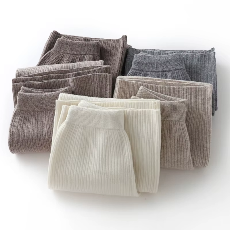 100% Australian Merino Wool Rib Knit Women's Wide-Leg Trousers, Knitwear (218a)
