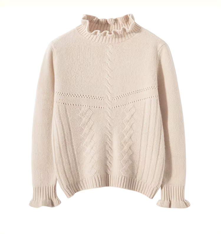 100% Merino Wool Round Neck Pullover, Ruffle Edge High Neck, Children's Boys And Girls Sweater, Cable Knit Top, Knitwear (295d)
