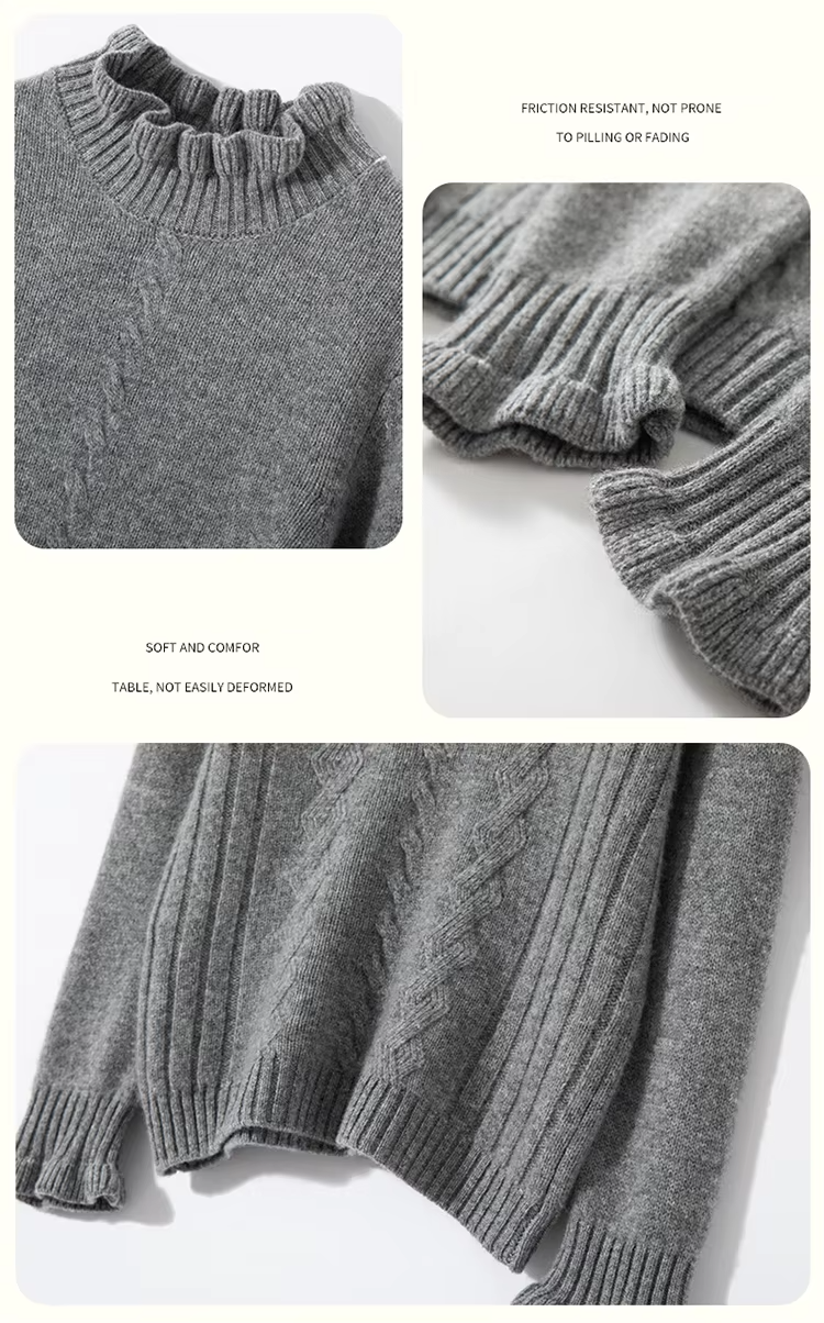 100% Merino Wool Round Neck Pullover, Ruffle Edge High Neck, Children's Boys And Girls Sweater, Cable Knit Top, Knitwear (295d)