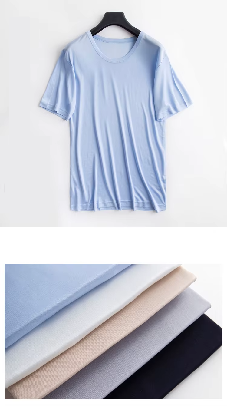 100% Mulberry Silk Casual Men's T-Shirt, Short Sleeved, Double-Sided Knitted T-Shirt, Loungewear, Sleepwear (255)