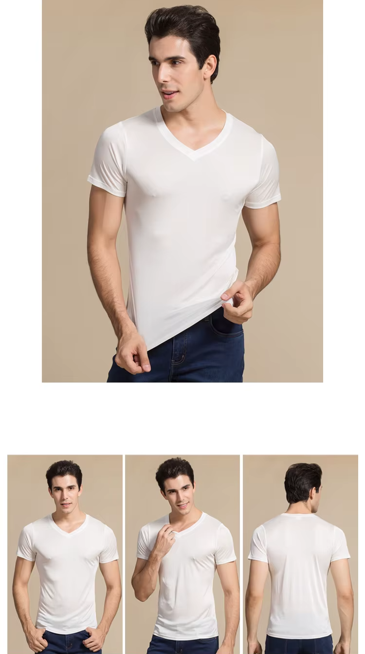 100% Mulberry Silk Men's Double-faced T-shirt, V-Neck and Short Sleeves, Loungewear, Sleepwear (371)