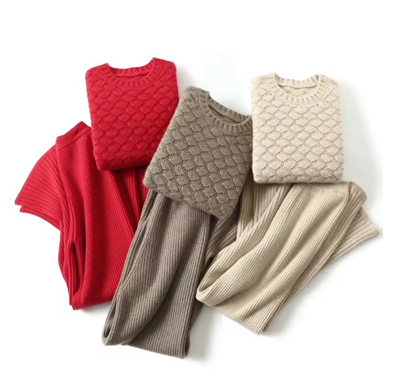 100% Goat Cashmere Wool Class A Cable Knit Luxury Women's Top and Trousers Suit, Knitwear (243)