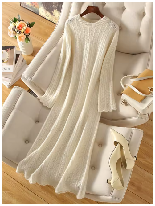 100% Goat Cashmere Wool Lace Knit Women's Dress, Exquisite Style, Knitwear (243d)