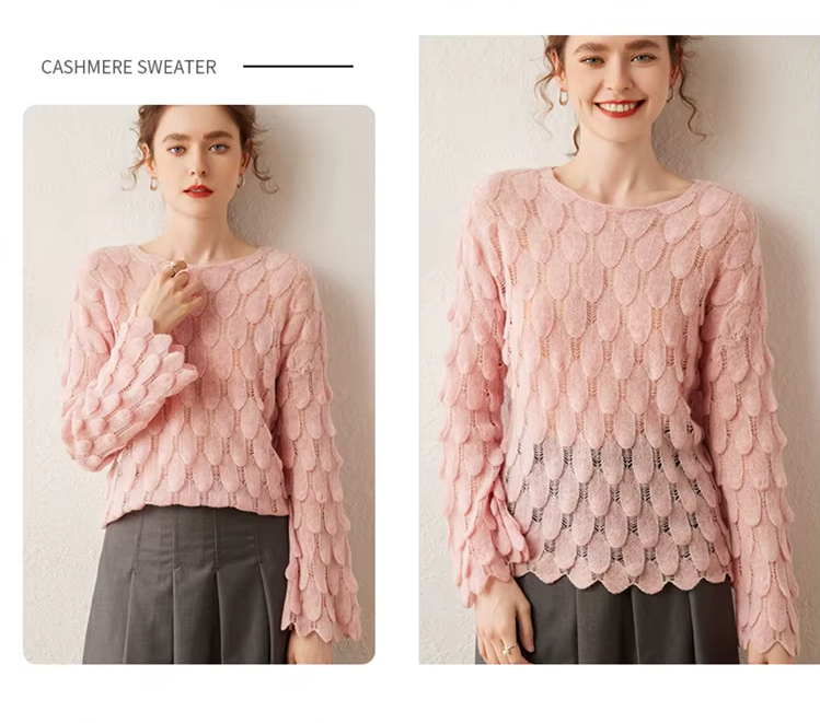 100% Cashmere Wool Lace Knit Women's Pullover, Round Neck Jumper, Knitwear (318)