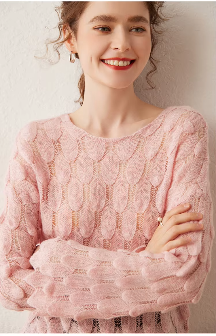 100% Cashmere Wool Lace Knit Women's Pullover, Round Neck Jumper, Knitwear (318)
