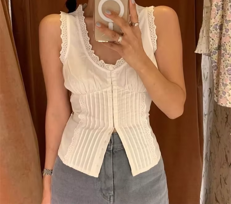 100% Cotton Lace Embroidery Women's Single-Breasted Tank Top, Camisole, Sleeveless Lace-Up Vest, Lingerie (231)