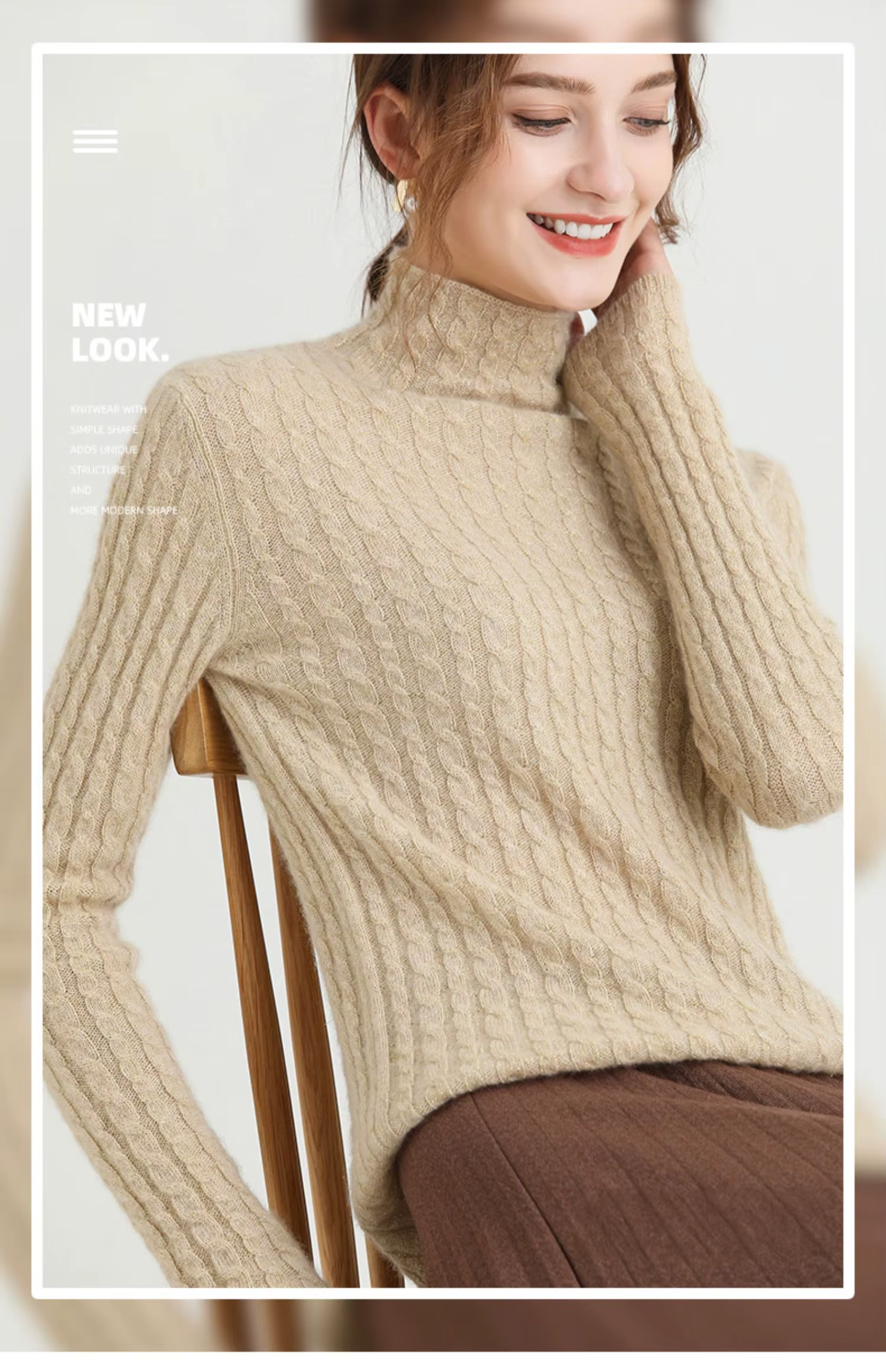 100% Mountain Cashmere Wool Sweater for Women, Semi-High Neck Pullover, Knitwear (185a)