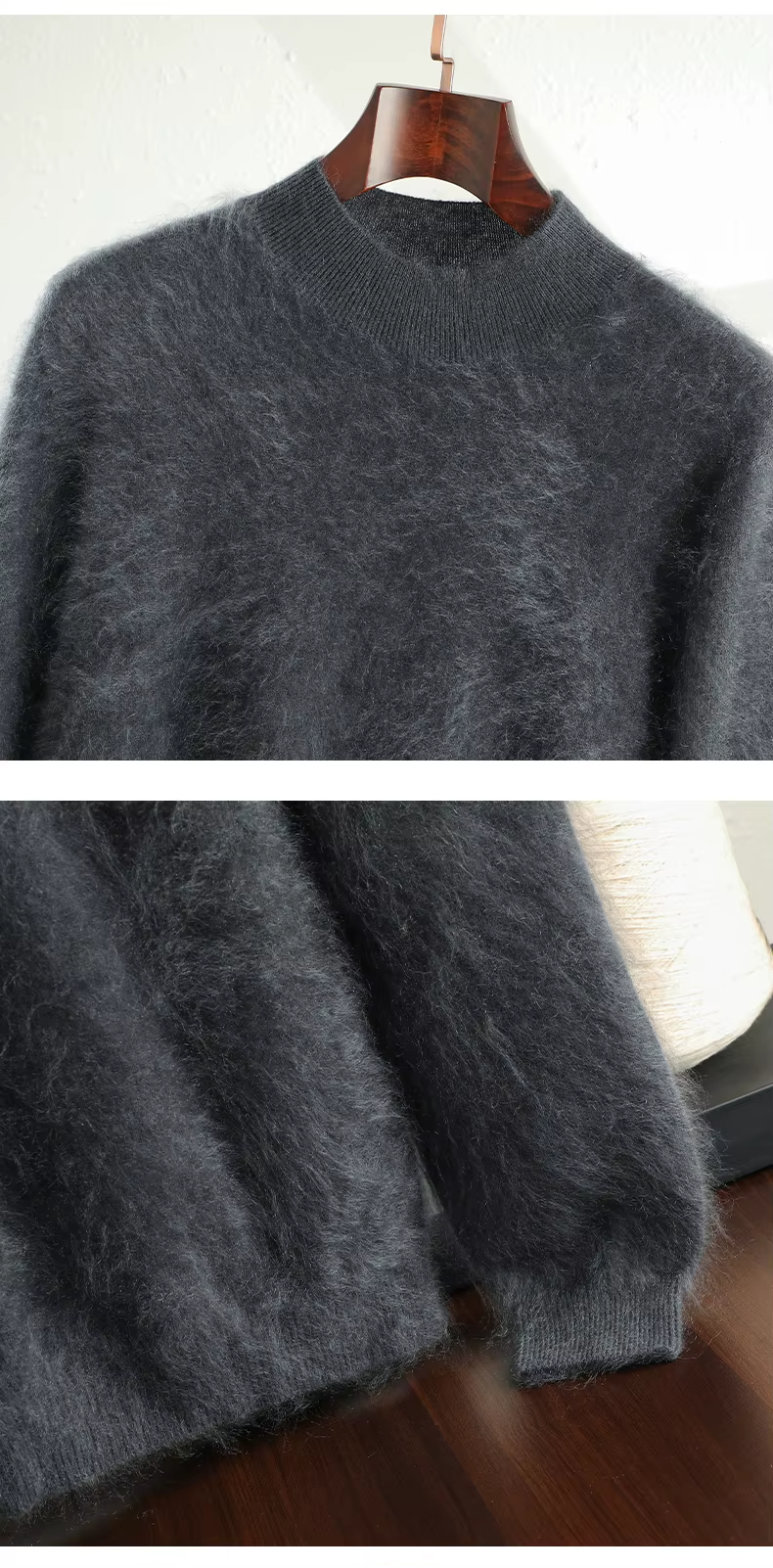 100% Cashmere Wool Plush Knit Men's Sweaters, Mock Neck Basic Brushed Pullovers, Half High Collar Jumper, Knitwear (69)