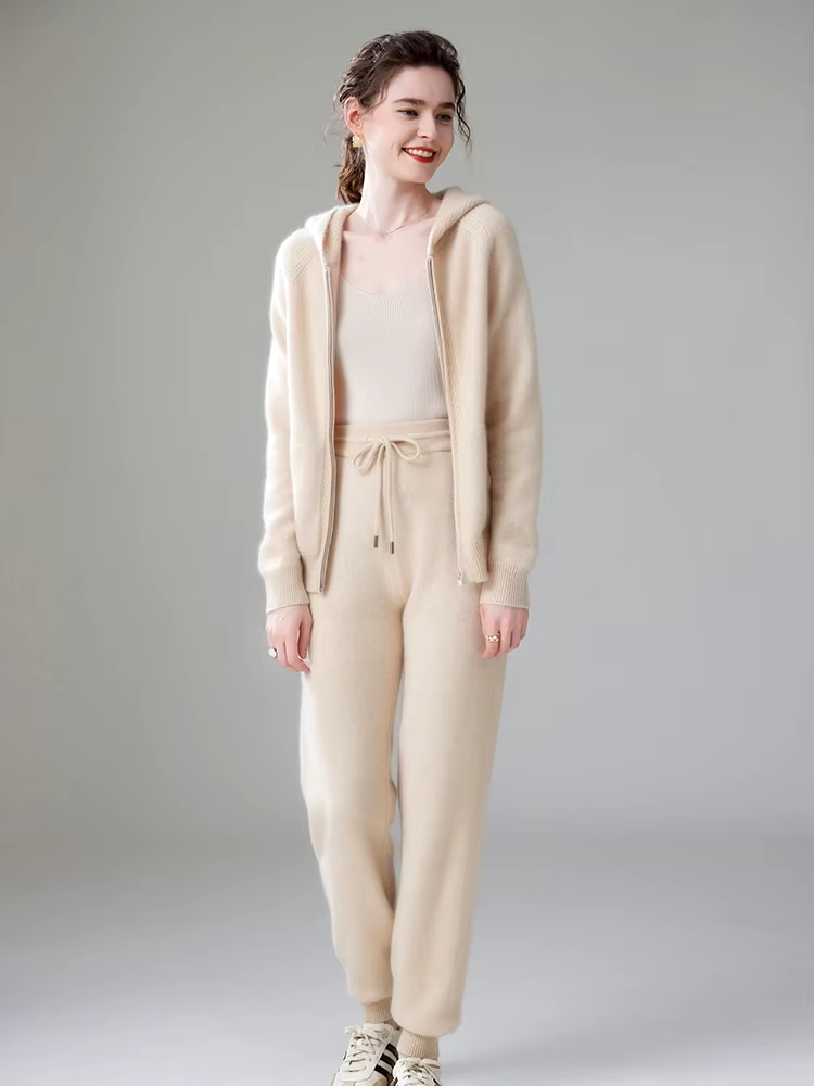 100% Cashmere Wool Women's Hooded Cardigan And Pants Two-Piece Set, Hoodie and Trousers Suit, Knitwear (22ff)