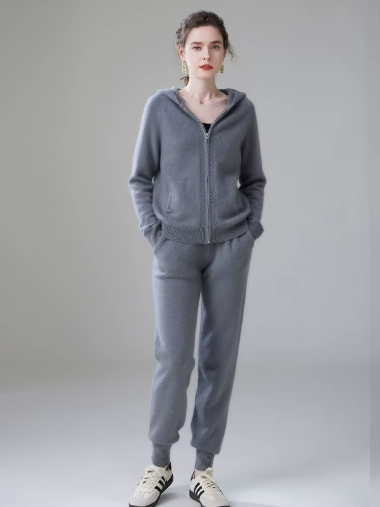 100% Cashmere Wool Women's Hooded Cardigan And Pants Two-Piece Set, Hoodie and Trousers Suit, Knitwear (22ff)
