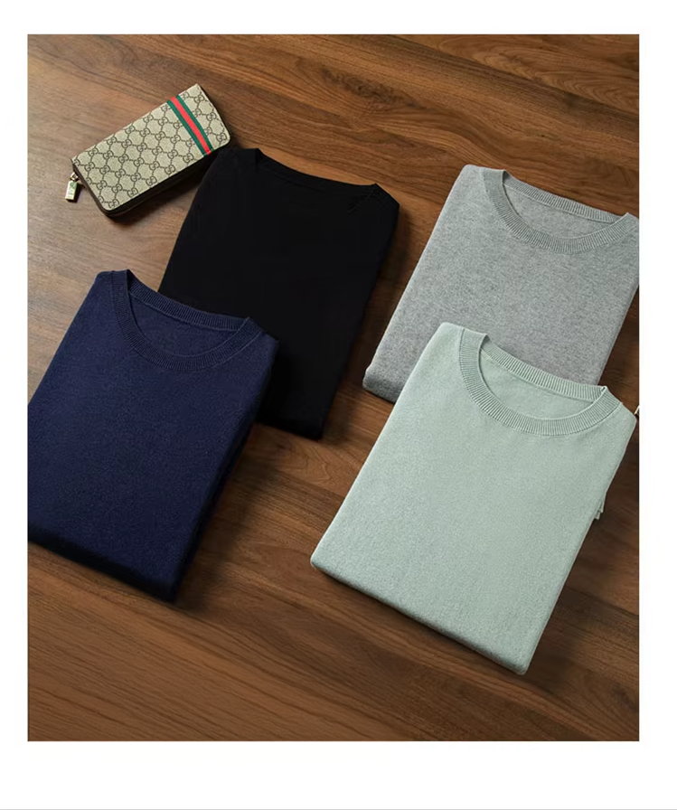 85% Mulberry Silk 15% Cashmere Wool Men's Round Neck T-shirts, Thin Pullover, Long Sleeved Knit Top with Round Neck, Knitwear (690b)