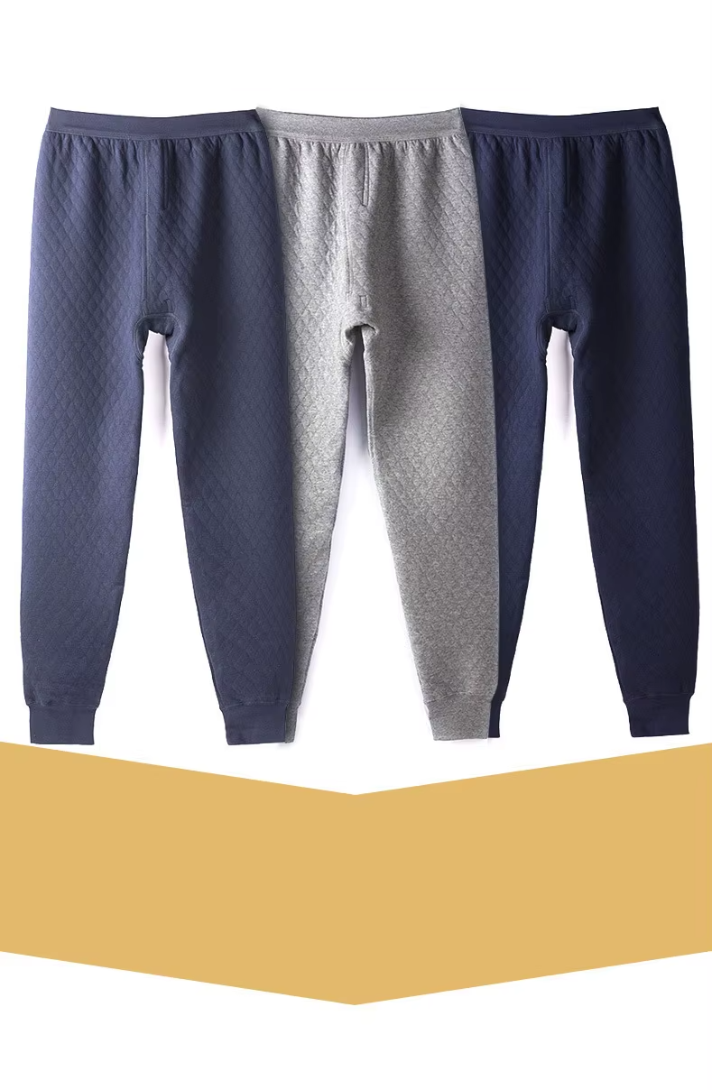 100% Cotton Men's Long Johns, Three Layers Padded Pants, Air Cushioned Fabric, Thermal Trousers, One Piece Thermal Underwear (63)