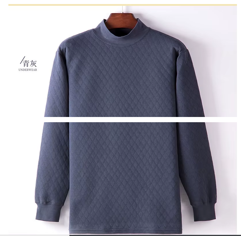 100% Cotton Turtleneck Men's Undershirt, Three Layers Padded Fabric Casual T-shirt, Long Sleeved Top, One Piece Thermal Underwear (63a)