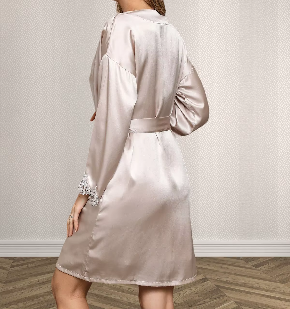 100% Mulberry Silk Lace Trimmed Chemise Nightgown and Robe Suit, Two Pieces Set, Sleepwear, Loungewear, Nightwear (104)